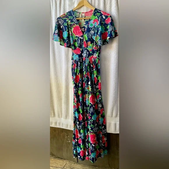 Jody T of California Colorful V-Neck Flutter Sleeve  Wrap Around Maxi Sundress - Picture 4 of 8